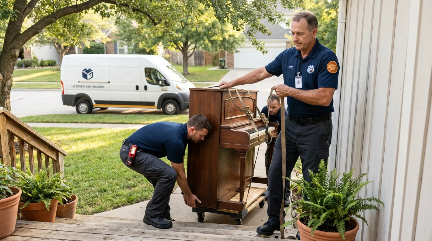 Licensed piano movers securing grand piano in Vail, CO