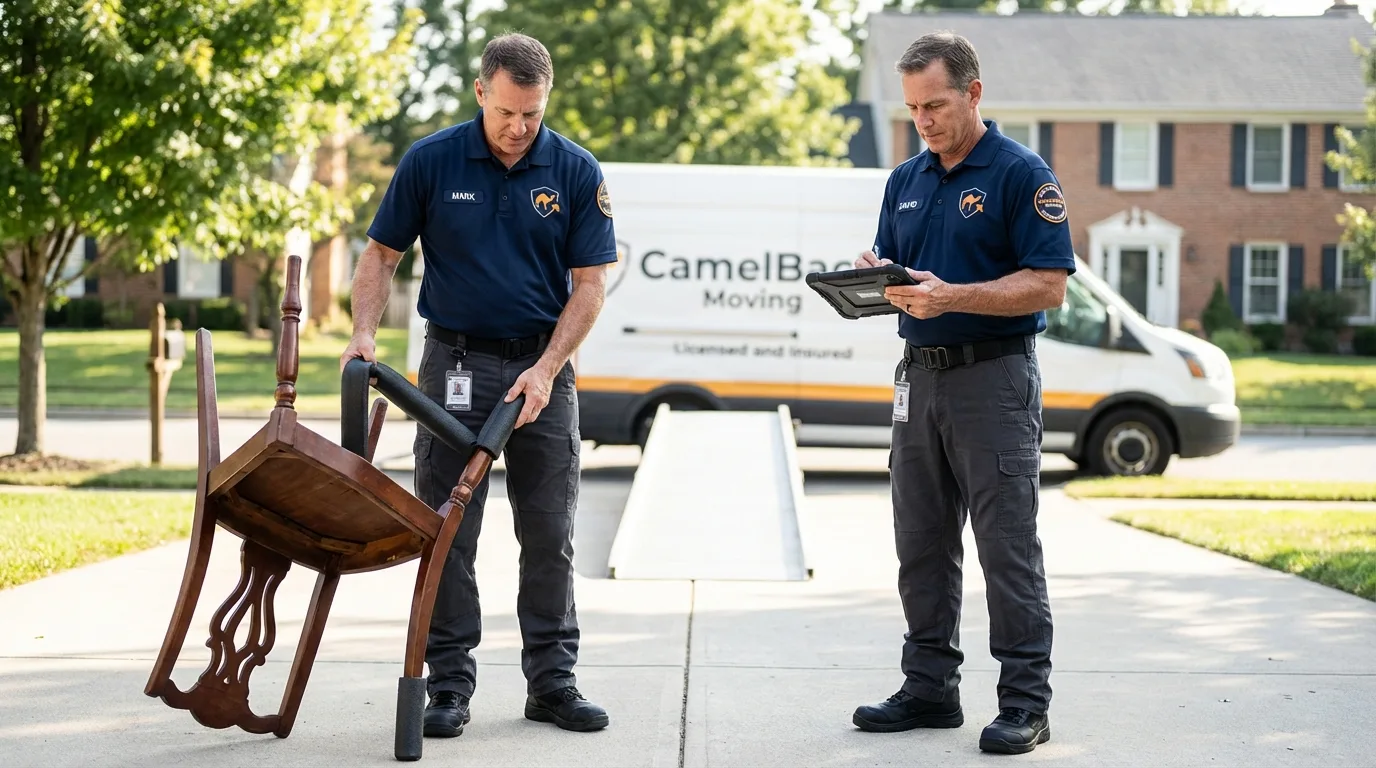 Movers inspecting furniture for damage prevention before loading in Vail, CO